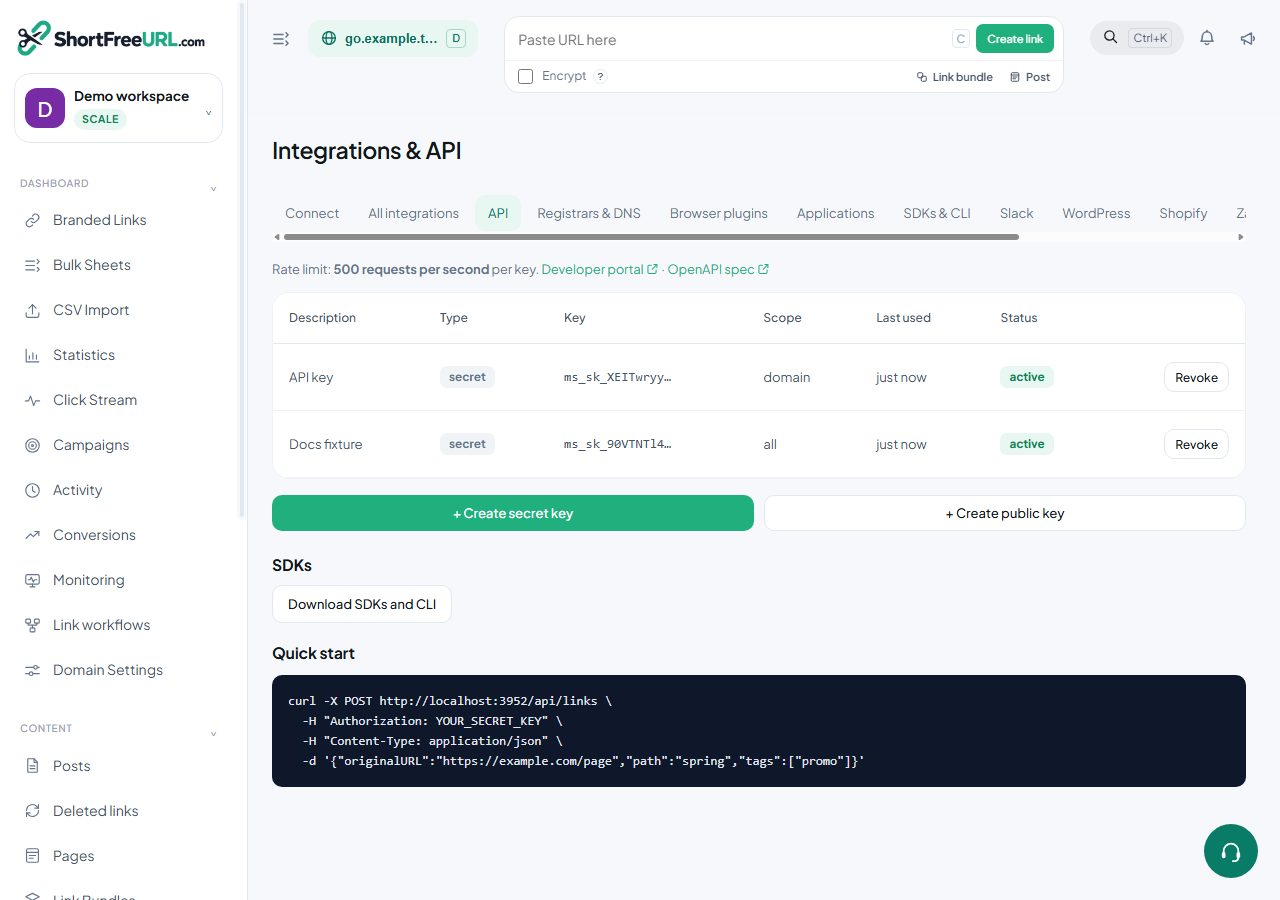 ShortFreeURL API keys in a demonstration workspace