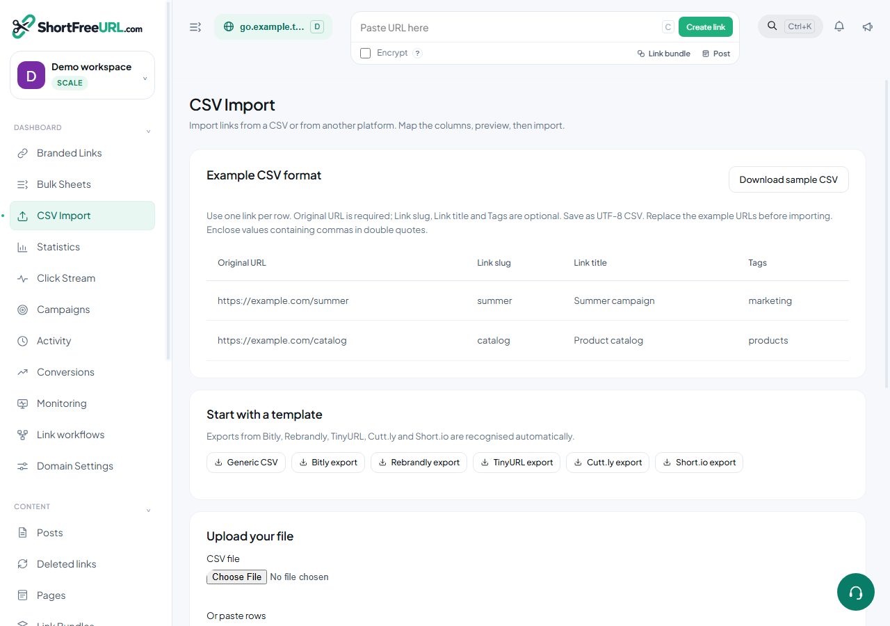 ShortFreeURL CSV Import in a demonstration workspace