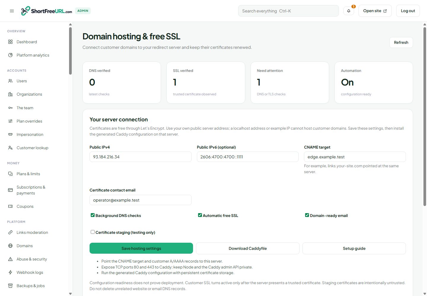 Domain hosting and certificate controls — example values only