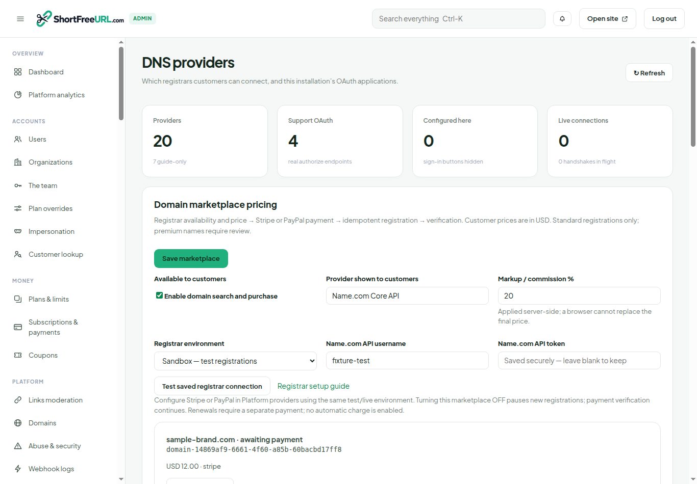 Domain marketplace administrator controls and orders