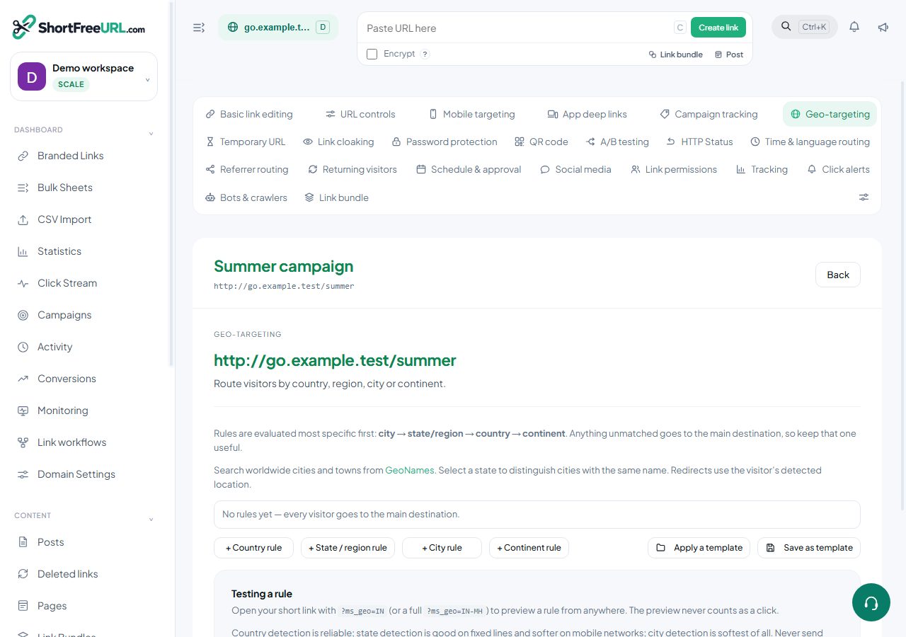 ShortFreeURL Geo-targeting in a demonstration workspace