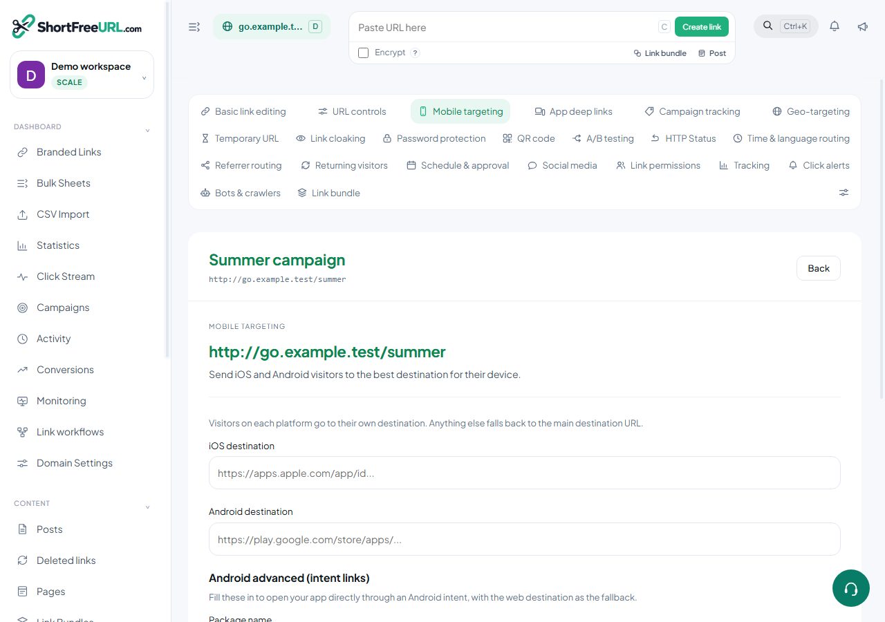 ShortFreeURL Mobile targeting in a demonstration workspace