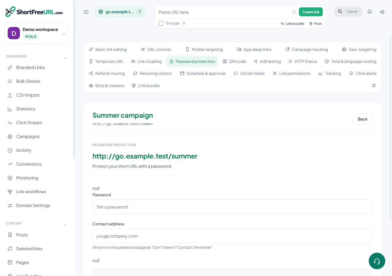 ShortFreeURL Password protection in a demonstration workspace