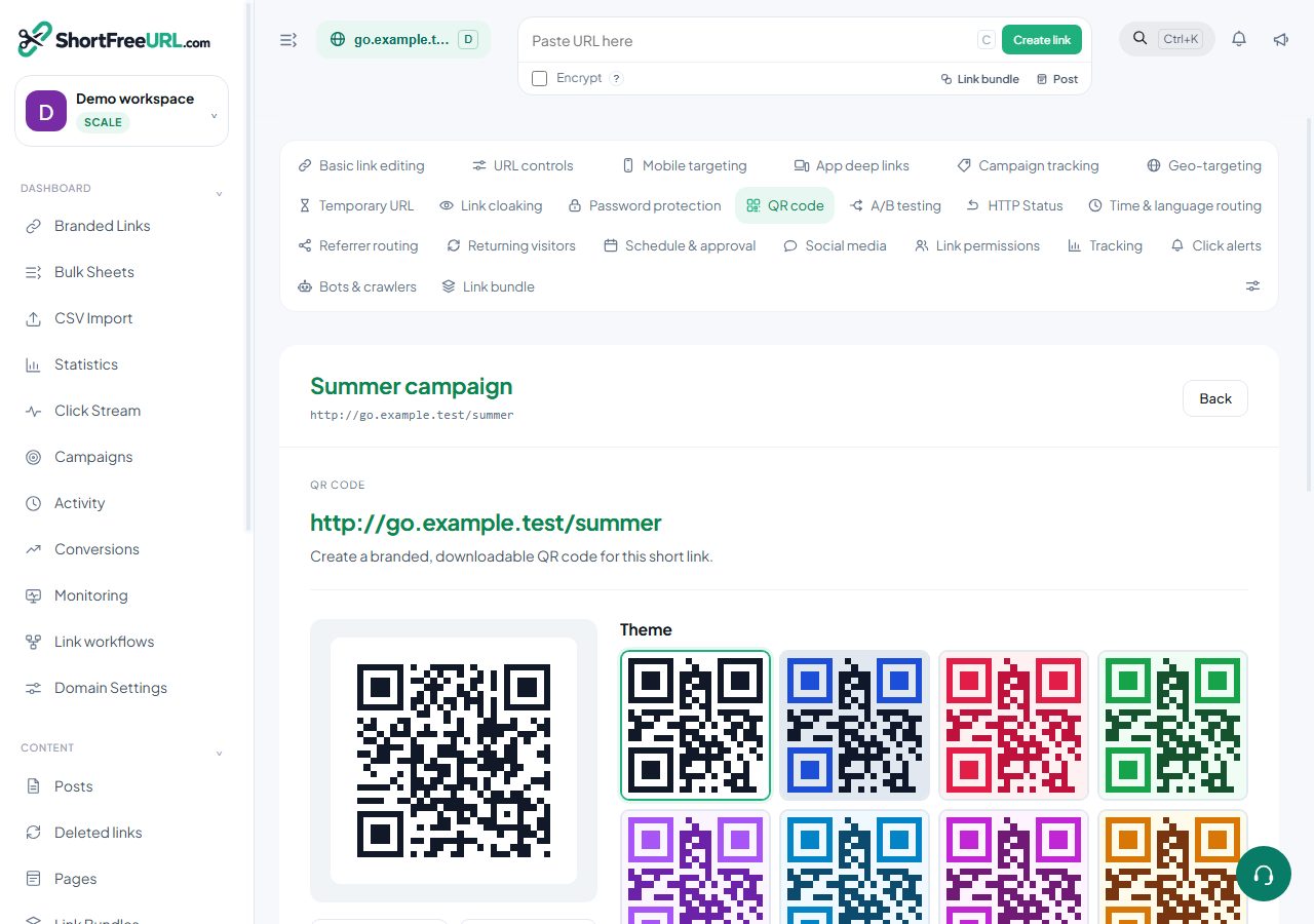 ShortFreeURL QR code in a demonstration workspace