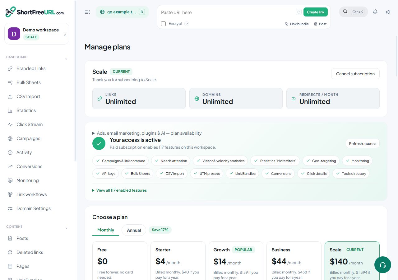 ShortFreeURL Subscription in a demonstration workspace