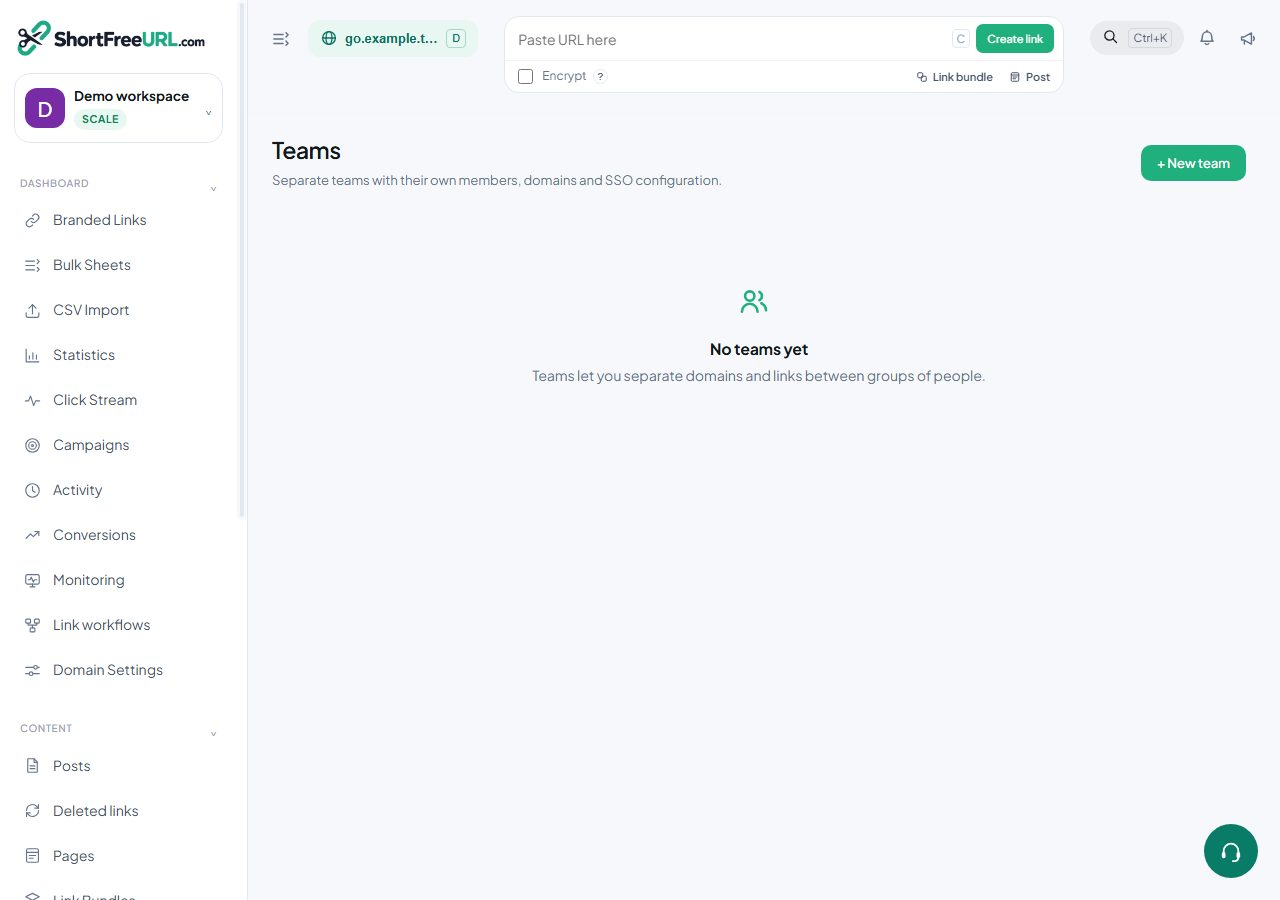ShortFreeURL Teams in a demonstration workspace