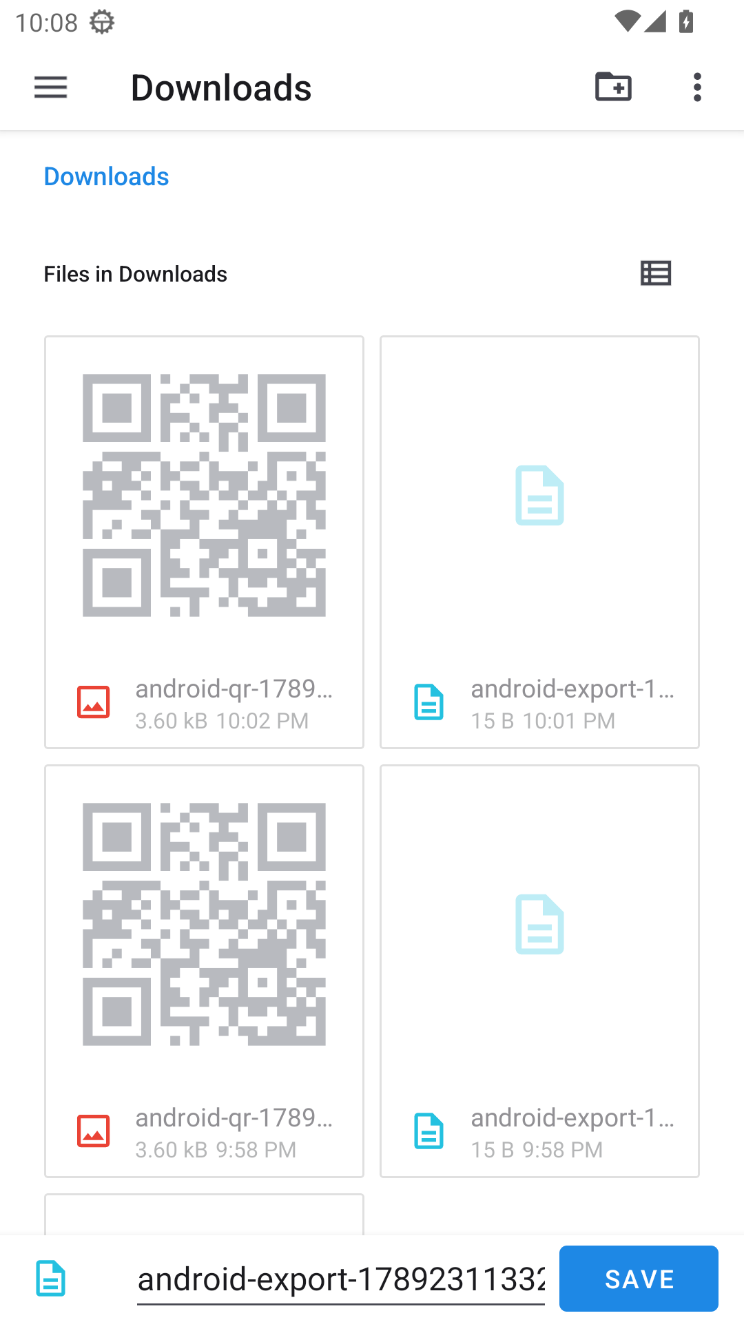 Android emulator screenshot: Choose where to save exports