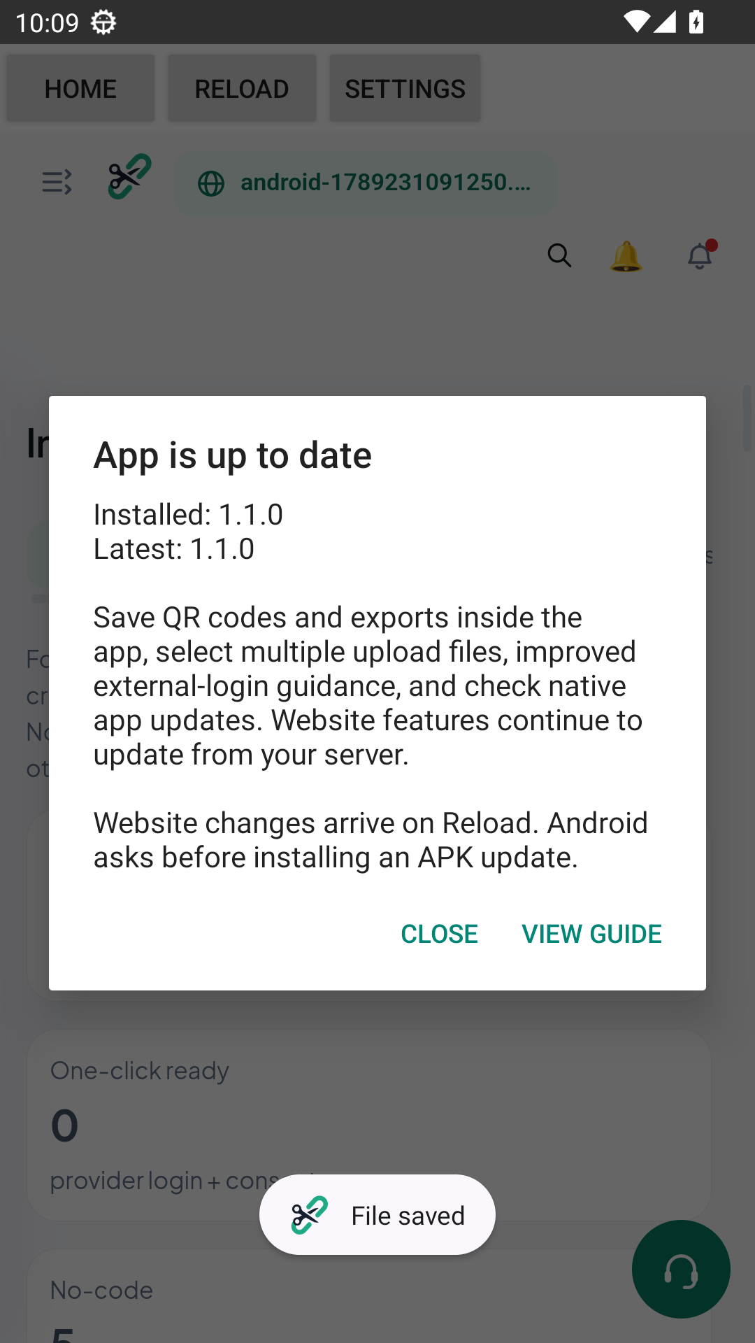 Android emulator screenshot: Check for app updates