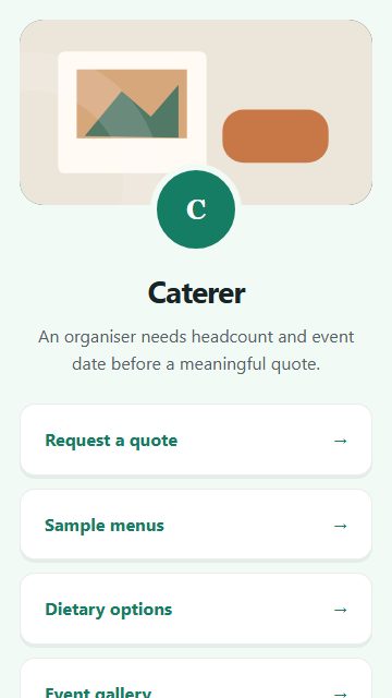 Caterer — Welcome hub page design