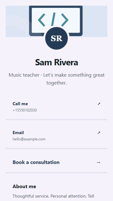 Music teacher contact card page design