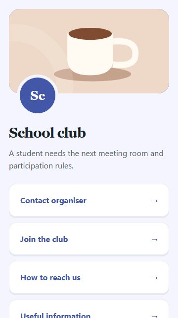 School club — Contact and enquiries page design