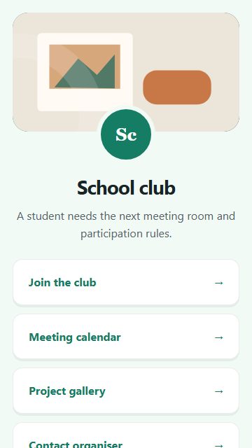 School club — Welcome hub page design